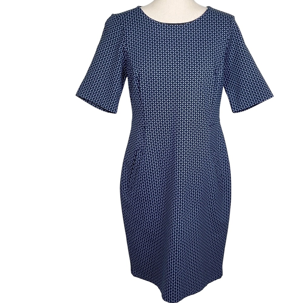 Lands' End Sheath Dress Women 10 Blue Diamond Career Geometric Classic